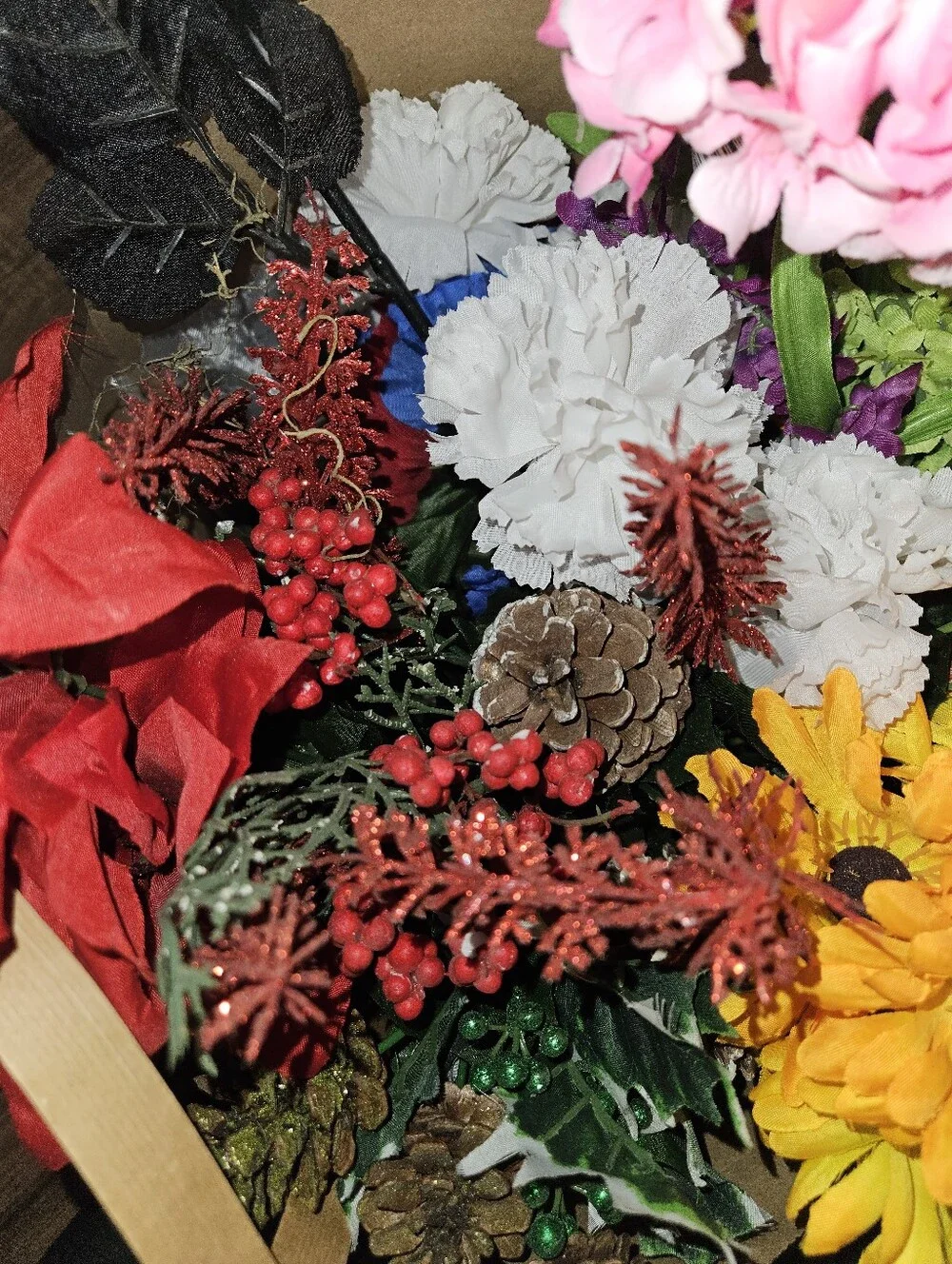 Large assorted lot of artificial flowers, greenery, berries, pinecones, Foam